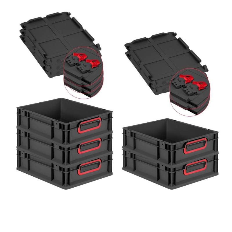 PROREGAL SuperSparSet 5x Eurobox Nextgen Color Mit Scharnierdeckel HxBxT 12x30x40cm 11 Liter Schwarz Griffe Rot Geschlossen Eurobehälter Transportbox von PROREGAL