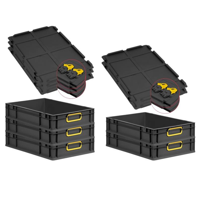 PROREGAL SuperSparSet 5x Eurobox Nextgen Color Mit Scharnierdeckel HxBxT 12x40x60cm 23 Liter Schwarz Griffe Gelb Geschlossen Eurobehälter Transportbox von PROREGAL