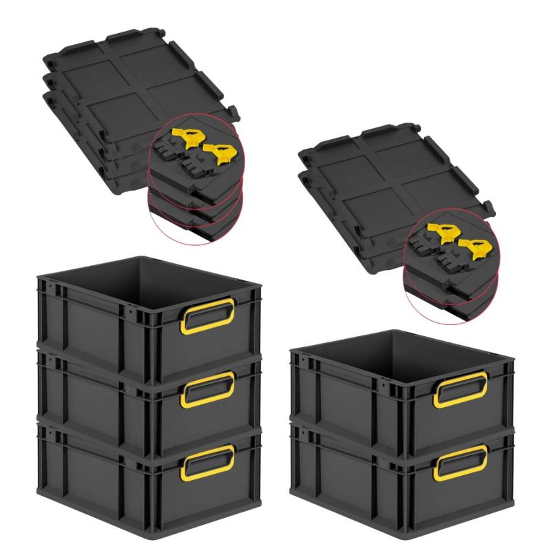 PROREGAL SuperSparSet 5x Eurobox Nextgen Color Mit Scharnierdeckel HxBxT 17x30x40cm 16 Liter Schwarz Griffe Gelb Geschlossen Eurobehälter Transportbox von PROREGAL