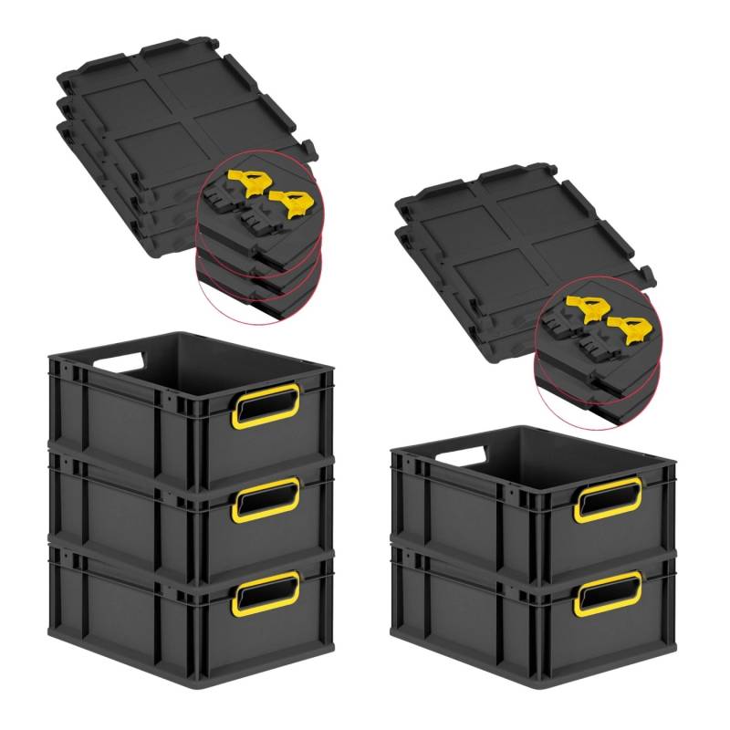 PROREGAL SuperSparSet 5x Eurobox Nextgen Color Mit Scharnierdeckel HxBxT 17x30x40cm 16 Liter Schwarz Griffe Gelb Offen Eurobehälter Transportbox von PROREGAL
