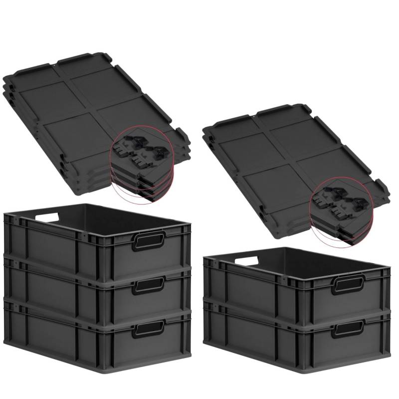 PROREGAL SuperSparSet 5x Eurobox Nextgen Color Mit Scharnierdeckel HxBxT 17x40x60cm 34 Liter Schwarz Griffe Schwarz Offen Eurobehälter Transportbox von PROREGAL