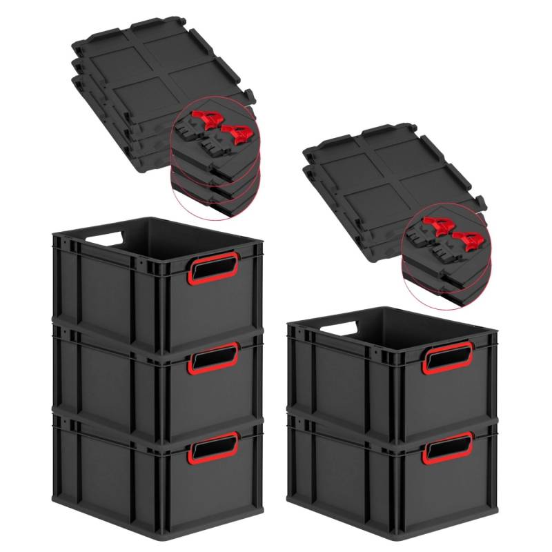 PROREGAL SuperSparSet 5x Eurobox Nextgen Color Mit Scharnierdeckel HxBxT 22x30x40cm 20 Liter Schwarz Griffe Rot Offen Eurobehälter Transportbox von PROREGAL