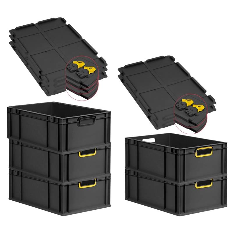 PROREGAL SuperSparSet 5x Eurobox Nextgen Color Mit Scharnierdeckel HxBxT 22x40x60cm 44 Liter Schwarz Griffe Gelb Offen Eurobehälter Transportbox von PROREGAL