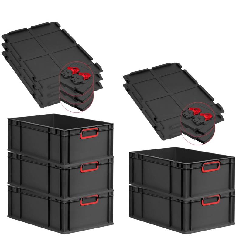 PROREGAL SuperSparSet 5x Eurobox Nextgen Color Mit Scharnierdeckel HxBxT 22x40x60cm 44 Liter Schwarz Griffe Rot Geschlossen Eurobehälter Transportbox von PROREGAL