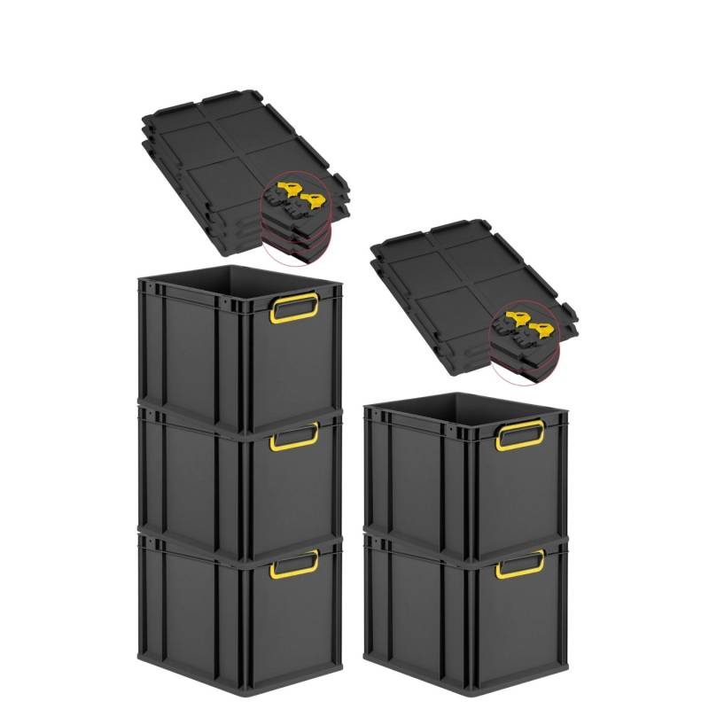 PROREGAL SuperSparSet 5x Eurobox Nextgen Color Mit Scharnierdeckel HxBxT 32x30x40cm 30 Liter Schwarz Griffe Gelb Geschlossen Eurobehälter Transportbox von PROREGAL
