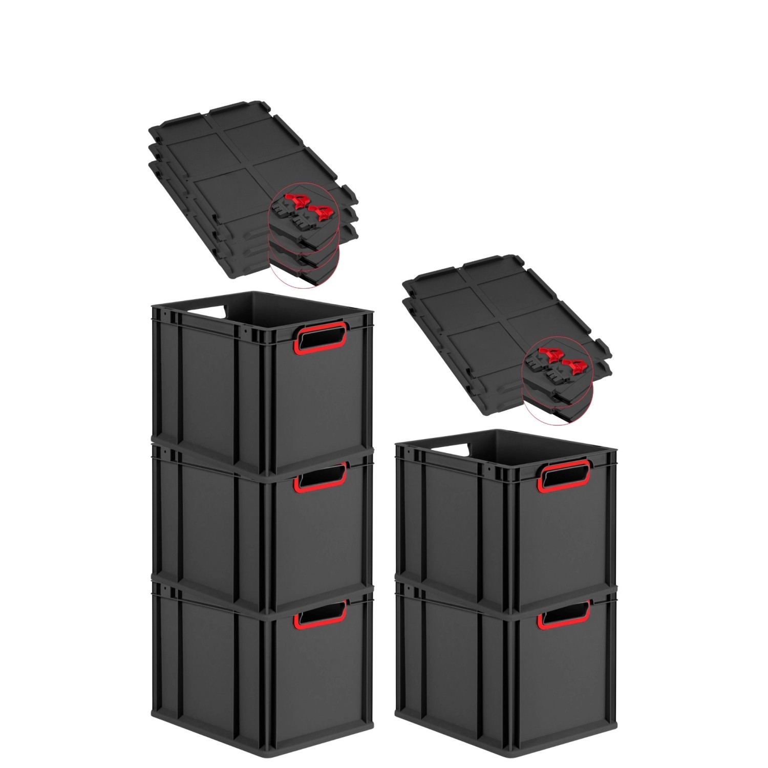 PROREGAL SuperSparSet 5x Eurobox Nextgen Color Mit Scharnierdeckel HxBxT 32x30x40cm 30 Liter Schwarz Griffe Rot Offen Eurobehälter Transportbox von PROREGAL