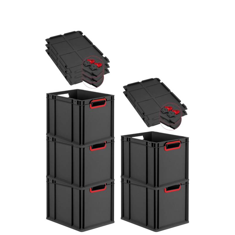 PROREGAL SuperSparSet 5x Eurobox Nextgen Color Mit Scharnierdeckel HxBxT 32x30x40cm 30 Liter Schwarz Griffe Rot Offen Eurobehälter Transportbox von PROREGAL