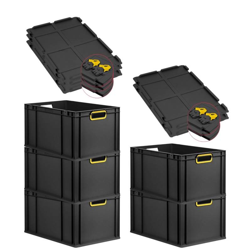 PROREGAL SuperSparSet 5x Eurobox Nextgen Color Mit Scharnierdeckel HxBxT 32x40x60cm 65 Liter Schwarz Griffe Gelb Offen Eurobehälter Transportbox von PROREGAL
