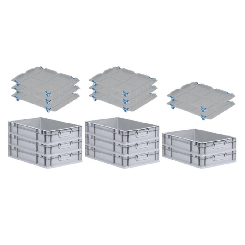 PROREGAL SuperSparSet 8x Eurobox NextGen Grip mit Auflagedeckel mit 4 Blauen Schiebeschnappverschlüssen HxBxT 12 x 40 x 60 cm 23 Liter von PROREGAL