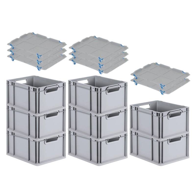 PROREGAL SuperSparSet 8x Eurobox NextGen Grip mit Auflagedeckel mit 4 Blauen Schiebeschnappverschlüssen HxBxT 22 x 30 x 40 cm 20 Liter Griffe von PROREGAL