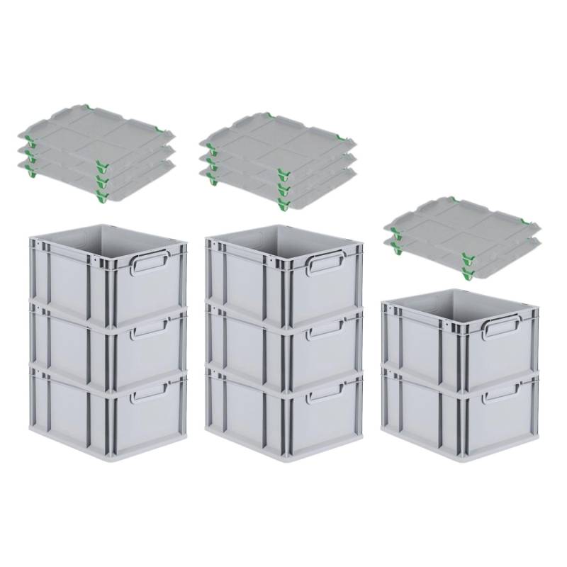 PROREGAL SuperSparSet 8x Eurobox NextGen Grip mit Auflagedeckel mit 4 Grünen Schiebeschnappverschlüssen HxBxT 22 x 30 x 40 cm 20 Liter von PROREGAL