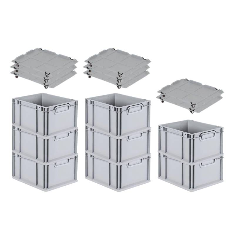 PROREGAL SuperSparSet 8x Eurobox NextGen Grip mit Auflagedeckel mit 4 Schwarzen Schiebeschnappverschlüssen HxBxT 22 x 30 x 40 cm 20 Liter von PROREGAL