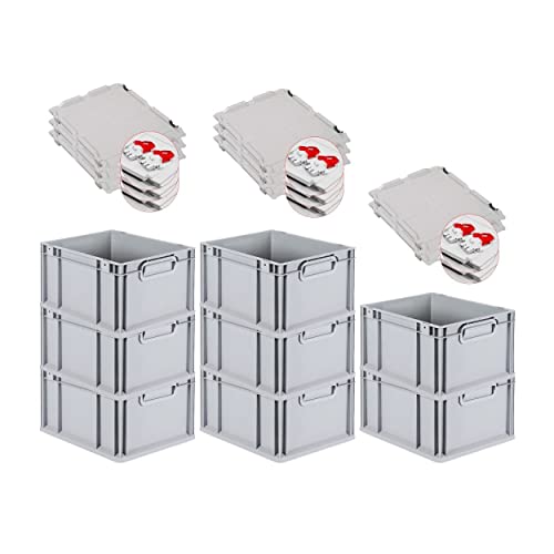 PROREGAL SuperSparSet 8x Eurobox NextGen Grip mit Scharnierdeckel und roten Schiebeschnappverschlüssen, HxBxT 22x30x40cm, 20 L, Grau, Griffe geschlossen, Eurobehälter, Transportbox von PROREGAL