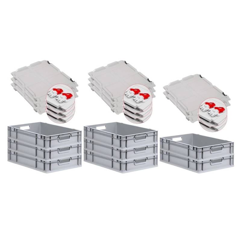 PROREGAL SuperSparSet 8x Eurobox NextGen Grip mit Scharnierdeckel und Roten Schiebeschnappverschlüssen HxBxT 12 x 40 x 60 cm 23 Liter Griffe von PROREGAL