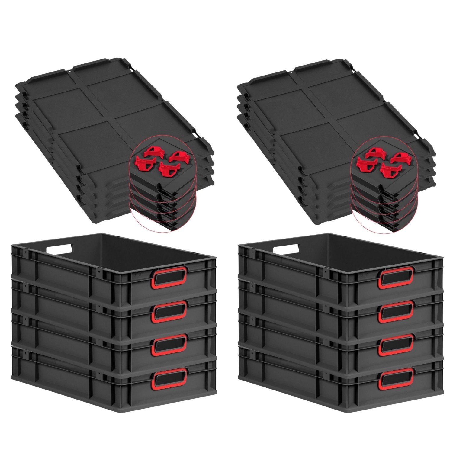 PROREGAL SuperSparSet 8x Eurobox Nextgen Color Mit Auflagedeckel HxBxT 12x40x60cm 23 Liter Schwarz Griffe Rot Offen Eurobehälter Transportbox von PROREGAL