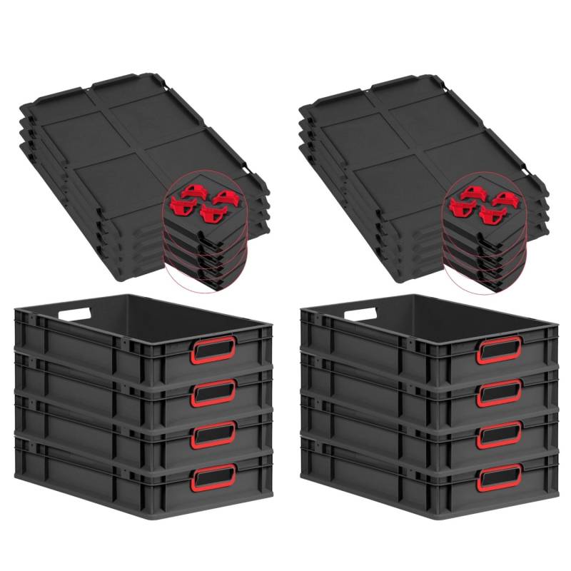PROREGAL SuperSparSet 8x Eurobox Nextgen Color Mit Auflagedeckel HxBxT 12x40x60cm 23 Liter Schwarz Griffe Rot Offen Eurobehälter Transportbox von PROREGAL