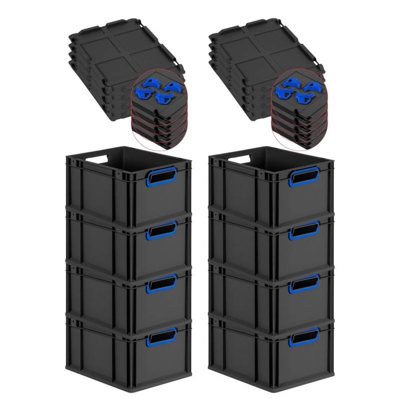 PROREGAL SuperSparSet 8x Eurobox Nextgen Color Mit Auflagedeckel HxBxT 22x30x40cm 20 Liter Schwarz Griffe Blau Offen Eurobehälter Transportbox von PROREGAL