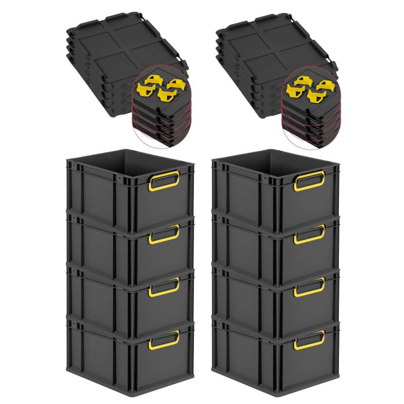 PROREGAL SuperSparSet 8x Eurobox Nextgen Color Mit Auflagedeckel HxBxT 22x30x40cm 20 Liter Schwarz Griffe Gelb Geschlossen Eurobehälter Transportbox von PROREGAL