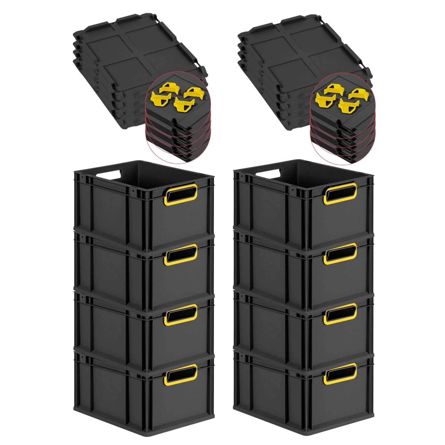 PROREGAL SuperSparSet 8x Eurobox Nextgen Color Mit Auflagedeckel HxBxT 22x30x40cm 20 Liter Schwarz Griffe Gelb Offen Eurobehälter Transportbox von PROREGAL