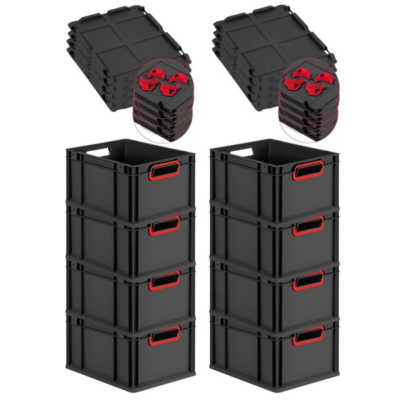 PROREGAL SuperSparSet 8x Eurobox Nextgen Color Mit Auflagedeckel HxBxT 22x30x40cm 20 Liter Schwarz Griffe Rot Offen Eurobehälter Transportbox von PROREGAL