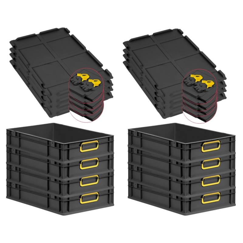 PROREGAL SuperSparSet 8x Eurobox Nextgen Color Mit Scharnierdeckel HxBxT 12x40x60cm 23 Liter Schwarz Griffe Gelb Geschlossen Eurobehälter Transportbox von PROREGAL
