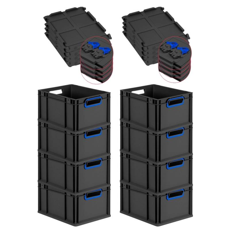 PROREGAL SuperSparSet 8x Eurobox Nextgen Color Mit Scharnierdeckel HxBxT 22x30x40cm 20 Liter Schwarz Griffe Blau Offen Eurobehälter Transportbox von PROREGAL