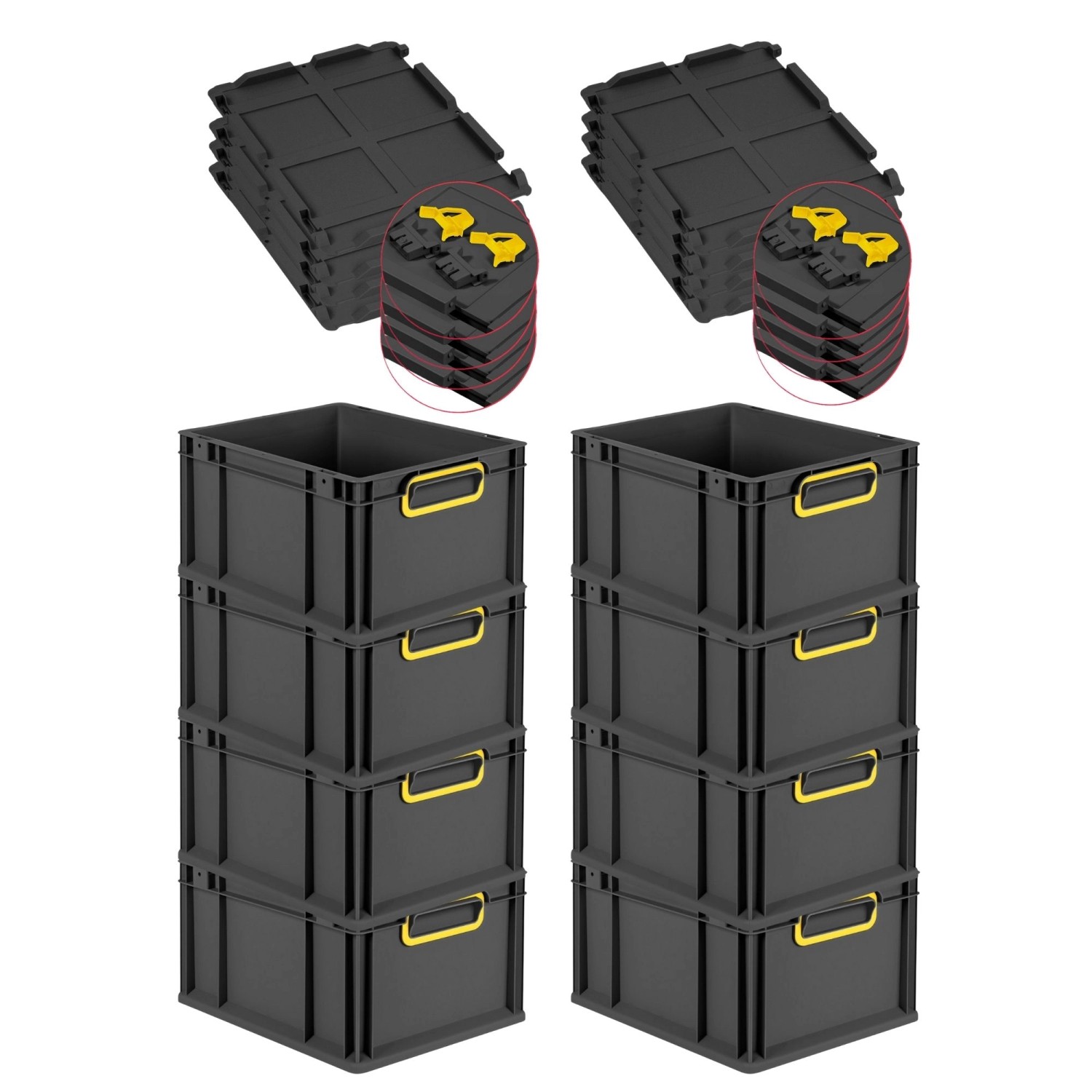 PROREGAL SuperSparSet 8x Eurobox Nextgen Color Mit Scharnierdeckel HxBxT 22x30x40cm 20 Liter Schwarz Griffe Gelb Geschlossen Eurobehälter Transportbox von PROREGAL