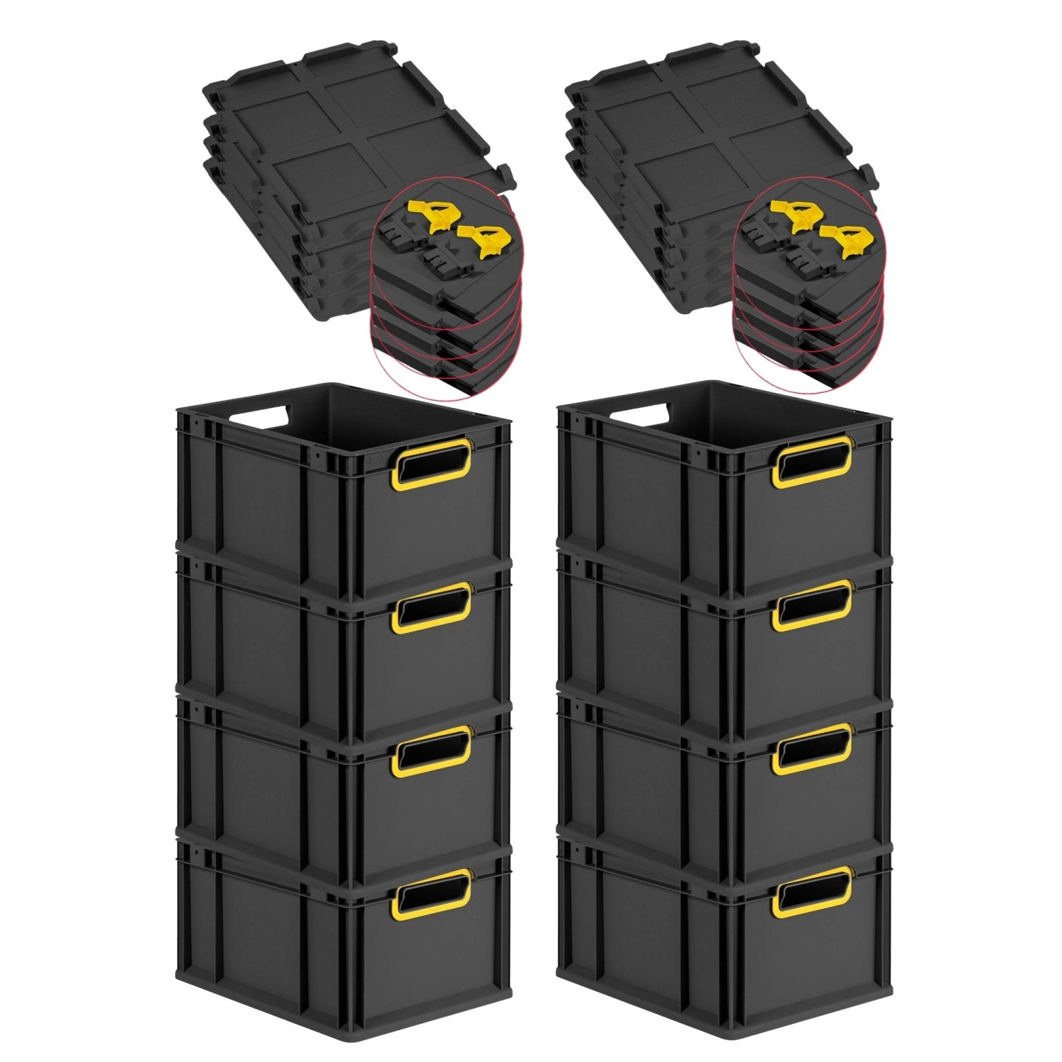 PROREGAL SuperSparSet 8x Eurobox Nextgen Color Mit Scharnierdeckel HxBxT 22x30x40cm 20 Liter Schwarz Griffe Gelb Offen Eurobehälter Transportbox von PROREGAL