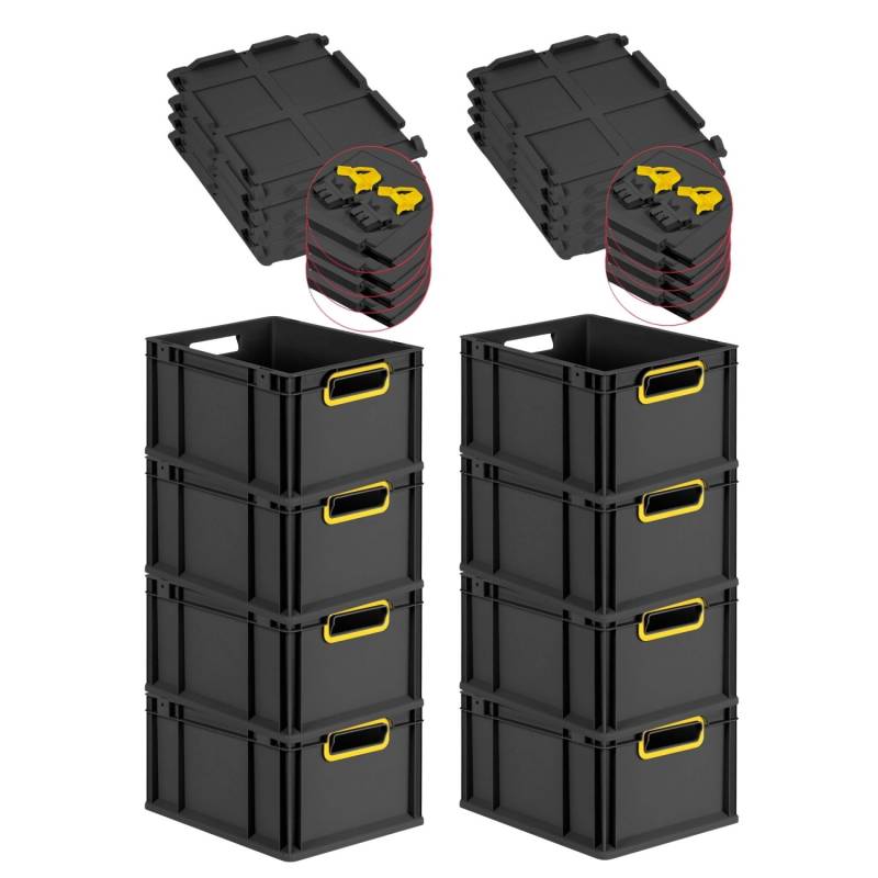 PROREGAL SuperSparSet 8x Eurobox Nextgen Color Mit Scharnierdeckel HxBxT 22x30x40cm 20 Liter Schwarz Griffe Gelb Offen Eurobehälter Transportbox von PROREGAL