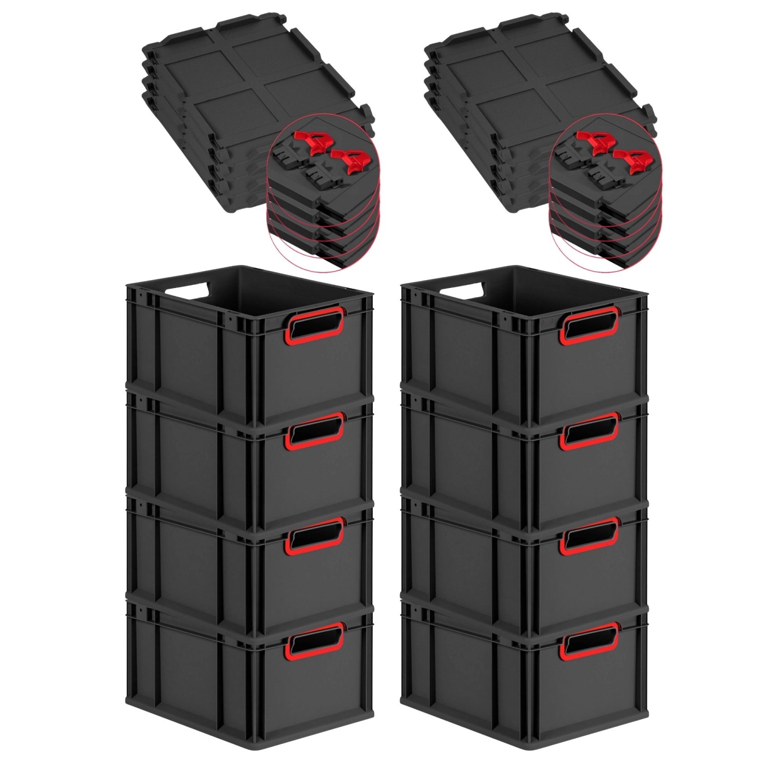 PROREGAL SuperSparSet 8x Eurobox Nextgen Color Mit Scharnierdeckel HxBxT 22x30x40cm 20 Liter Schwarz Griffe Rot Offen Eurobehälter Transportbox von PROREGAL
