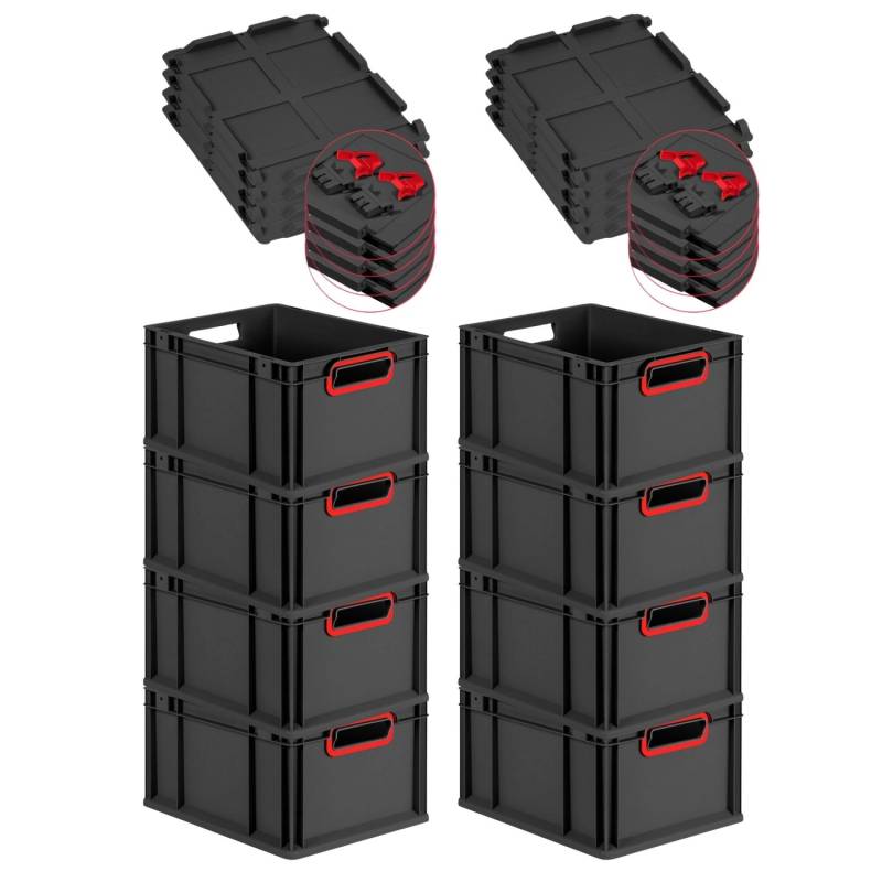 PROREGAL SuperSparSet 8x Eurobox Nextgen Color Mit Scharnierdeckel HxBxT 22x30x40cm 20 Liter Schwarz Griffe Rot Offen Eurobehälter Transportbox von PROREGAL