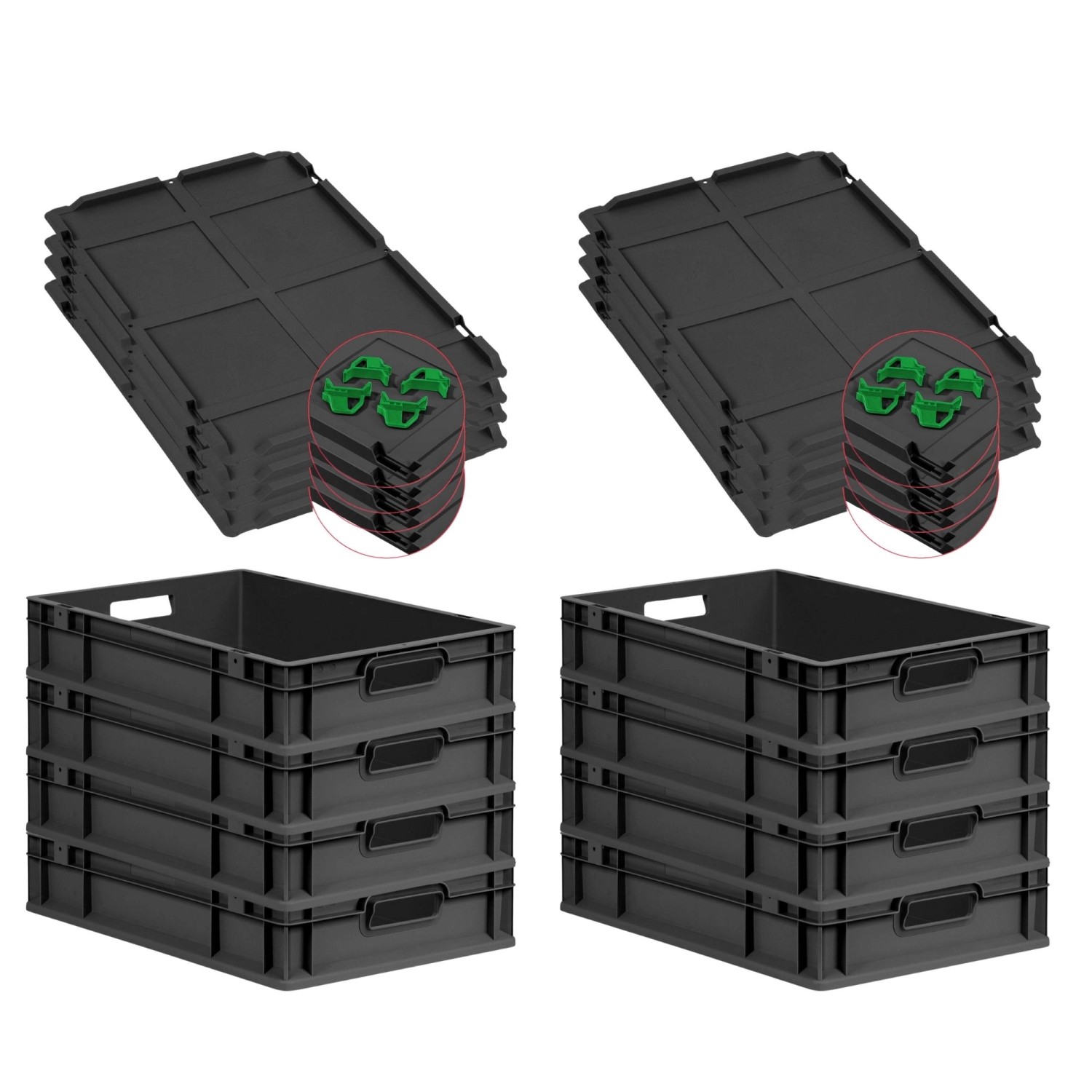 PROREGAL SuperSparSet 8x Eurobox Nextgen Grip Mit Auflagedeckel Und Grünen Verschlüssen HxBxT 12x40x60cm 23 Liter Schwarz Griffe Offen PROREGAL SuperSparSet 8x Eurobox Nextgen Grip Mit Auflagedeckel Und Grünen Verschlüssen HxBxT 12x40x60cm 23 Liter Schwarz Griffe Offen von PROREGAL