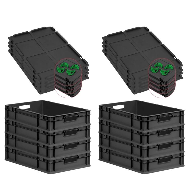 PROREGAL SuperSparSet 8x Eurobox Nextgen Grip Mit Auflagedeckel Und Grünen Verschlüssen HxBxT 12x40x60cm 23 Liter Schwarz Griffe Offen PROREGAL SuperSparSet 8x Eurobox Nextgen Grip Mit Auflagedeckel Und Grünen Verschlüssen HxBxT 12x40x60cm 23 Liter Schwarz Griffe Offen von PROREGAL