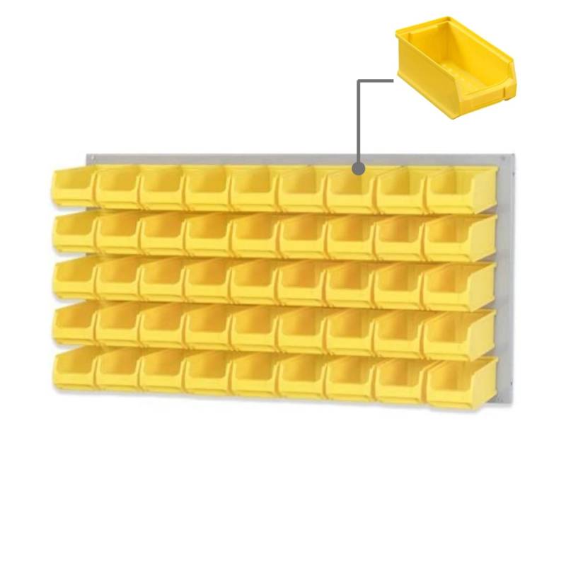 PROREGAL Trägersystem Graue Systemplatte mit 45 x Gelben Sichtlagerboxen 2,0 Maße H x B 50 x 100 cm Sichtlagerbox Sichtlagerbehälter von PROREGAL