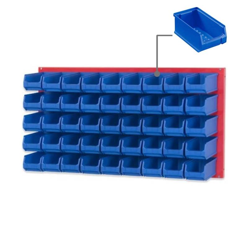 PROREGAL Trägersystem Rote Systemplatte mit 45 x Blauen Sichtlagerboxen 2,0 Maße H x B 50 x 100 cm Sichtlagerbox Sichtlagerbehälter von PROREGAL