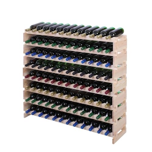 PROREGAL Weinregal VINOTECA Flex PRO | HxBxT 107x123x28cm | 96 Flaschen auf 8 Ebenen | Massives Kiefernholz | Natur unbehandelt | Weinhalter Weinständer Flaschenständer Flaschenregal Holzregal von PROREGAL
