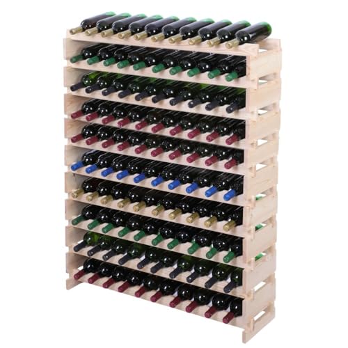 PROREGAL Weinregal VINOTECA Flex PRO | HxBxT 135x103x28cm | 100 Flaschen auf 10 Ebenen | Massives Kiefernholz | Natur unbehandelt | Weinhalter Weinständer Flaschenständer Flaschenregal Holzregal von PROREGAL