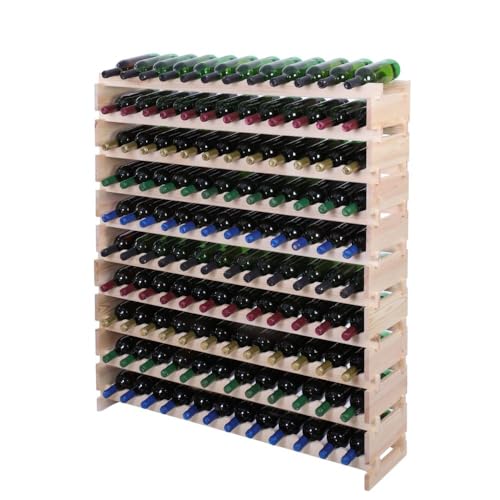 PROREGAL Weinregal VINOTECA Flex PRO | HxBxT 135x123x28cm | 120 Flaschen auf 10 Ebenen | Massives Kiefernholz | Natur unbehandelt | Weinhalter Weinständer Flaschenständer Flaschenregal Holzregal von PROREGAL