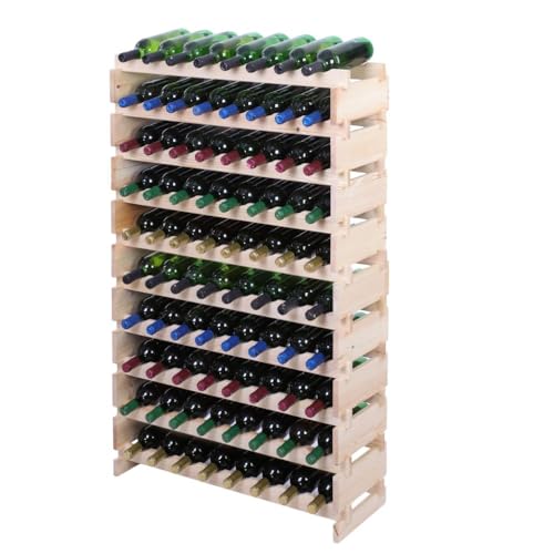 PROREGAL Weinregal VINOTECA Flex PRO | HxBxT 135x84x28cm | 80 Flaschen auf 10 Ebenen | Massives Kiefernholz | Natur unbehandelt | Weinhalter Weinständer Flaschenständer Flaschenregal Holzregal von PROREGAL