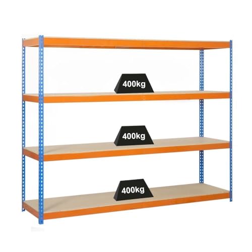 PROREGAL Weitspannregal Wood Yeti Four | HxBxT 200x120x45cm | Fachlast 400kg | Blau-Orange Schwerlastregal Metallregal Kellerregal Werkstattregal Lagerregal von PROREGAL