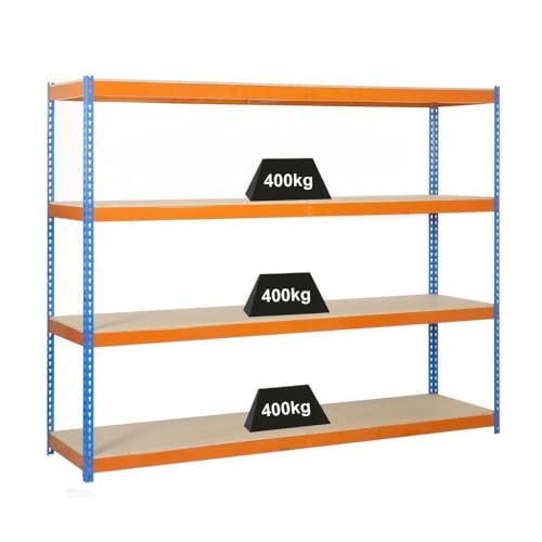 PROREGAL Weitspannregal Wood Yeti Four | HxBxT 200x150x75cm | Fachlast 400kg | Blau-Orange Schwerlastregal Metallregal Kellerregal Werkstattregal Lagerregal von PROREGAL