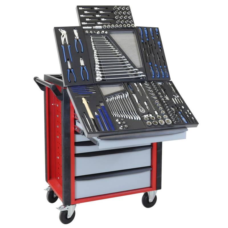 PROREGAL Werkstattwagen Cheetah Plus 190 Teilig Werkzeugset 7 Schubladen HxBxT 98,5 x 75 x 47,5 cm Feuerrot Silbergrau von PROREGAL