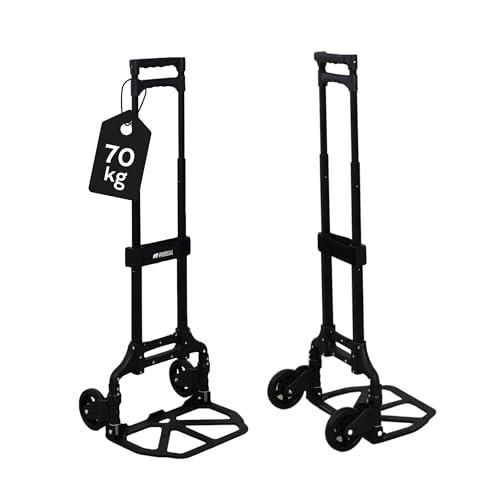 PROREGAL klappbare Aluminium Sackkarre Elephant | Traglast 70kg | 3 kg leicht, höhenverstellbarer Griff 110 cm, Leichtlauf-Vollgummiräder, große Schaufel | Schwarz | mit Klett-Transportband von PROREGAL