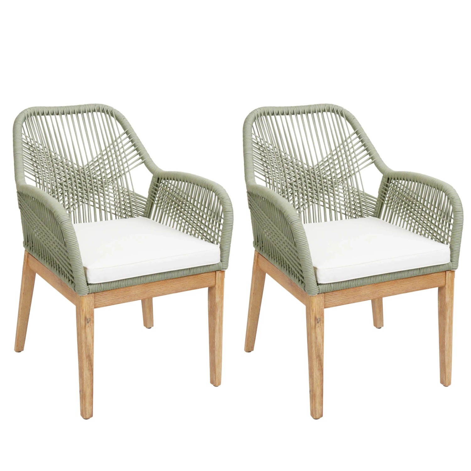 Proregal 2er-Set Gartenstuhl HxBxT 85x58x59 cm Sitzhöhe 47cm Wetterfest Seilgeflecht Rope Holz Akazie Grün Kissen Creme Sessel Outdoor von PROREGAL