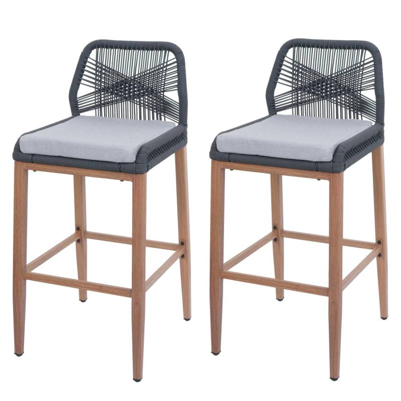Proregal 2er-Set Rope-Barhocker HxBxT 101x45x50 cm Sitzhöhe 76cm Anthrazit Kissen Hellgrau Outdoor Sitzpolster Seilgeflecht Metall Holz-Optik von PROREGAL