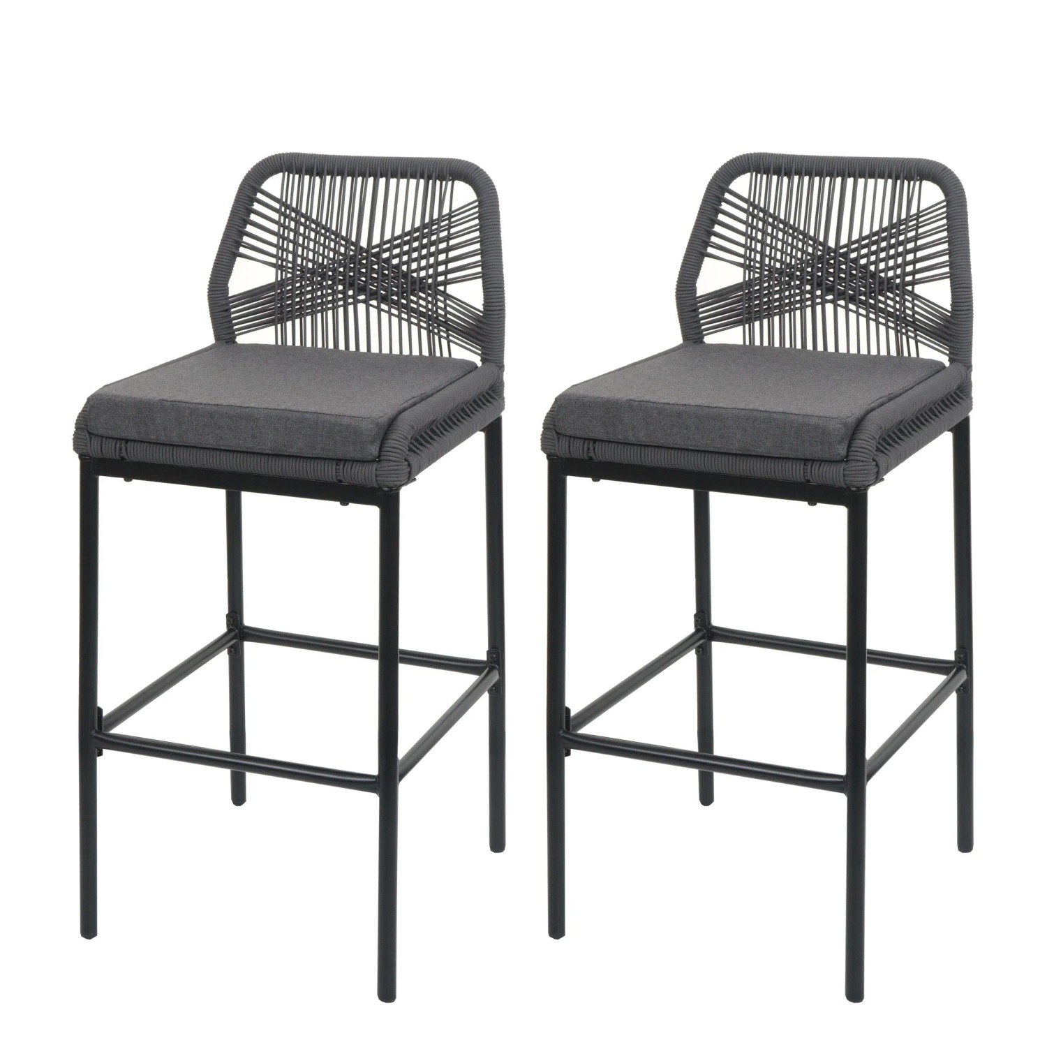 Proregal 2er-Set Rope-Barhocker HxBxT 101x45x52 cm Sitzhöhe 76cm Anthrazit Kissen Dunkelgrau Outdoor Sitzpolster Seilgeflecht Metall von PROREGAL