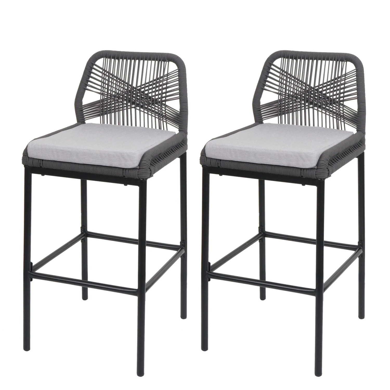 Proregal 2er-Set Rope-Barhocker HxBxT 101x45x52 cm Sitzhöhe 76cm Anthrazit Kissen Hellgrau Outdoor Sitzpolster Seilgeflecht Metall von PROREGAL