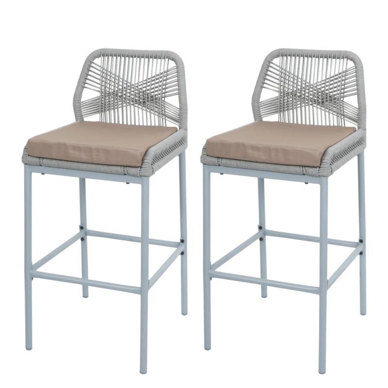 Proregal 2er-Set Rope-Barhocker HxBxT 101x45x52 cm Sitzhöhe 76cm Hellgrau Kissen Taupe Outdoor Sitzpolster Seilgeflecht Metall von PROREGAL