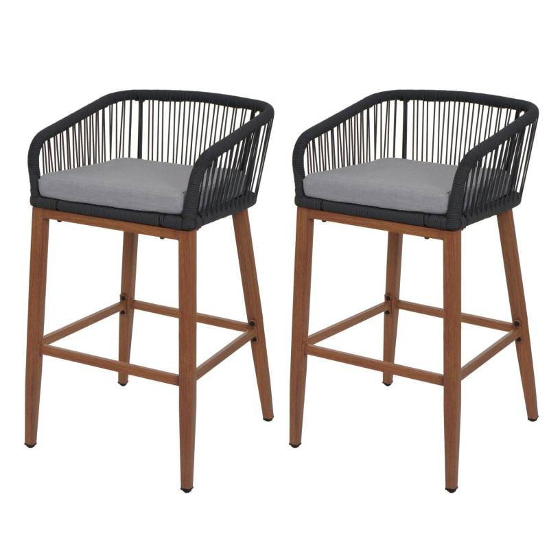 Proregal 2er-Set Rope-Barhocker HxBxT 92x51x53 cm Sitzhöhe 76cm Anthrazit Kissen Hellgrau Outdoor Sitzpolster Seilgeflecht Metall Holz-Optik von PROREGAL