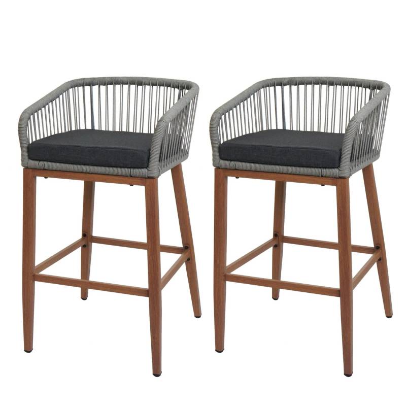 Proregal 2er-Set Rope-Barhocker HxBxT 92x51x53 cm Sitzhöhe 76cm Hellgrau Kissen Dunkelgrau Outdoor Sitzpolster Seilgeflecht Metall Holz-Optik von PROREGAL